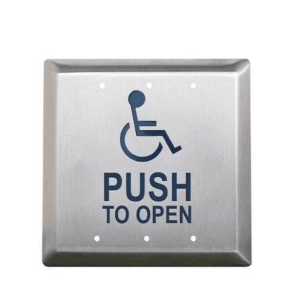 Camden: 4-1/2" Square Push Plate Switch, Concealed Screws Push to open faceplate graphic.